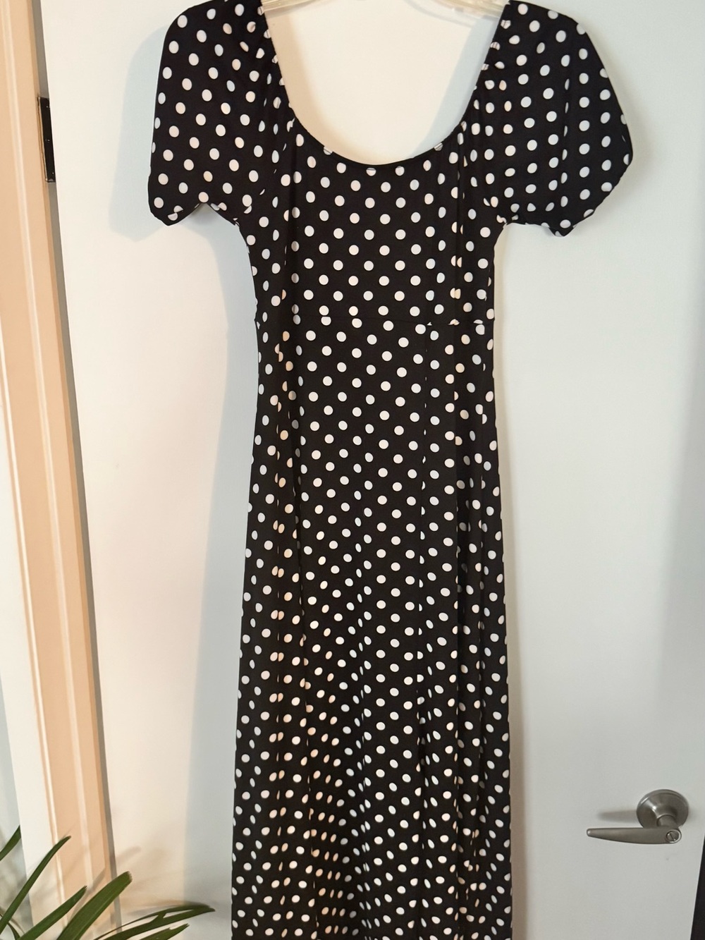 Velvet Torch Black and White Polka Dot Maxi Dress with Puff Sleeves